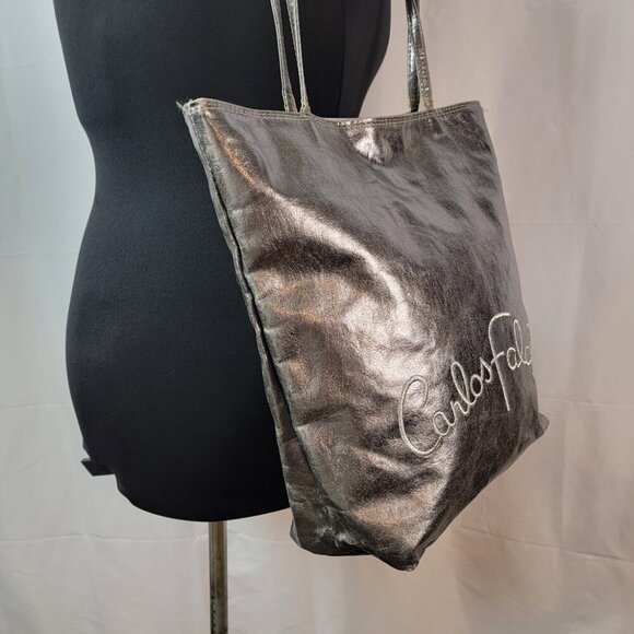 ✨ Vintage Carlos Falchi Silver-Tone Tote Bag - Rare Metallic Design - Picture 4 of 10